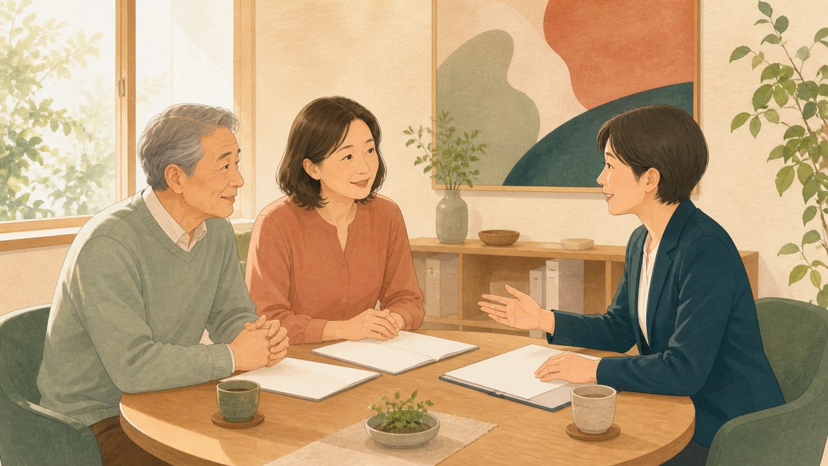 専門家の説明を親子で落ち着いて聞く相談風景