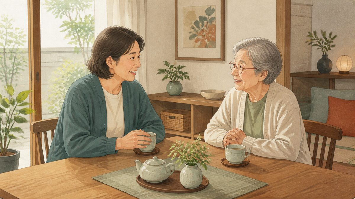 食卓でお茶を飲みながら穏やかに話す親子